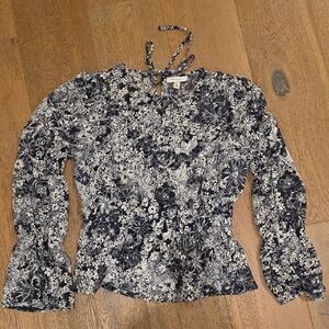 Topshop Black and White Tie Front Fitted Long Sleeve Blouse